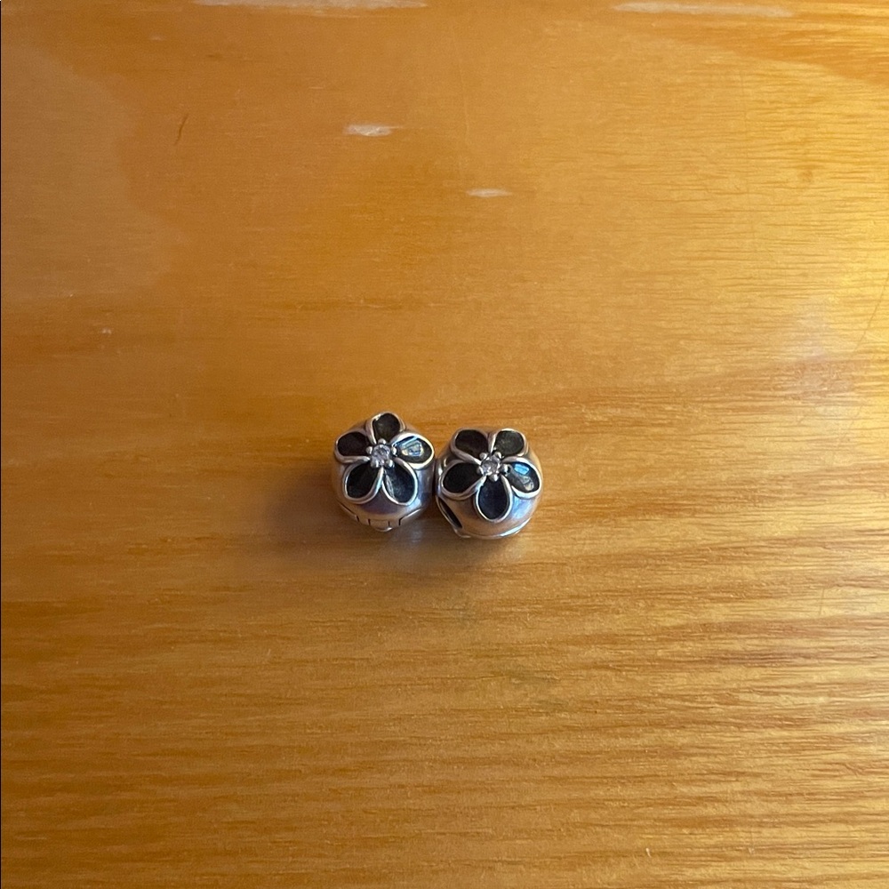 Pandora Silver and Black Flower Clip on Charms